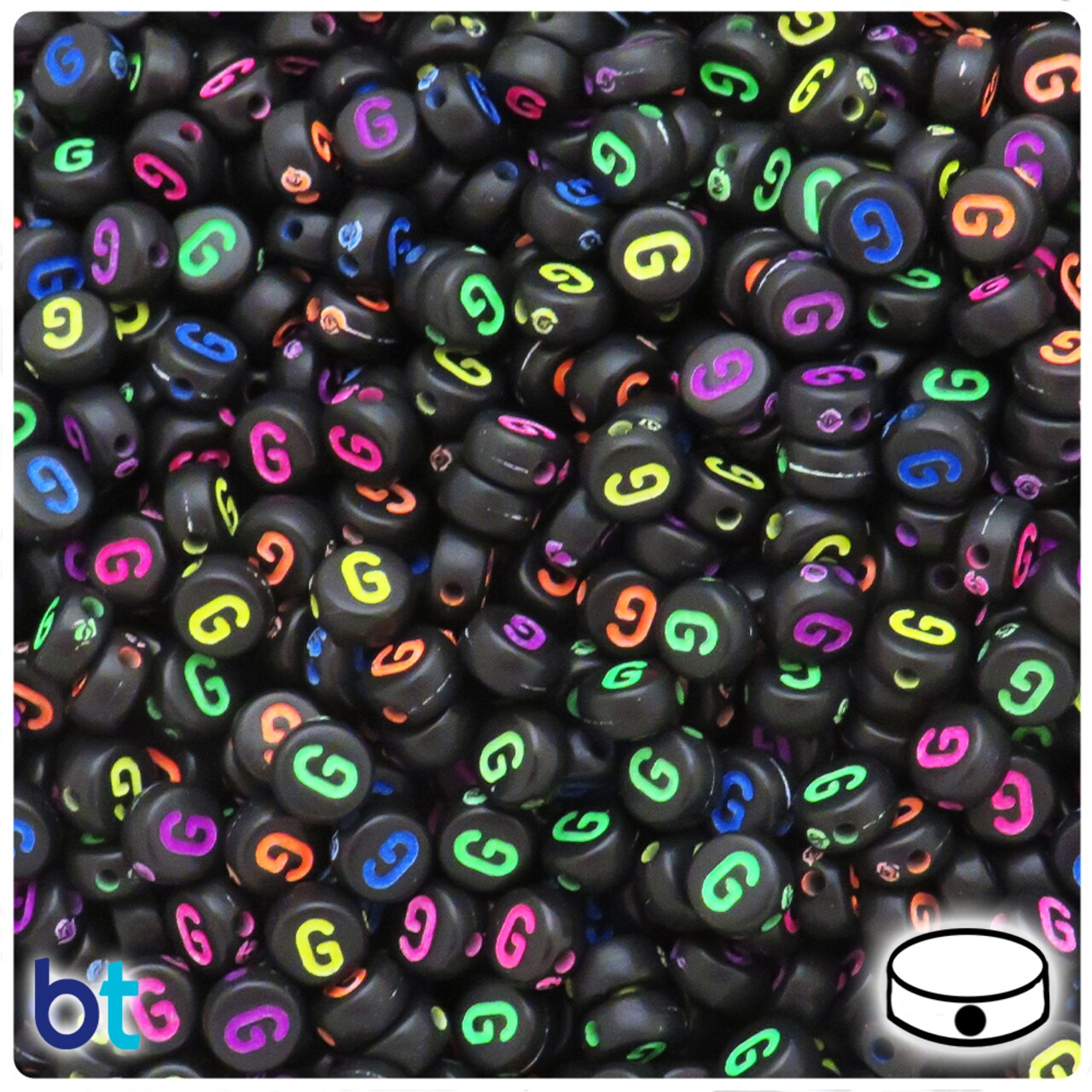 BeadTin Black Opaque 7mm Coin Alpha Beads - Colored Letter G (100pcs)